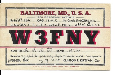 QSL  1937 W3FNY  Baltimore Maryland   radio card