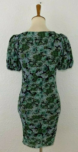 Ganni Womens Floral Bodycon Puff Sleeve Dress Multicolor Green Size 34 - Picture 3 of 4