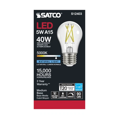 6 Pack Satco S12403 LED Filament 120V 5W A15 Medium E26 Clear 5000K Natural - Picture 4 of 8