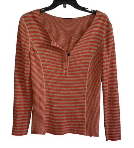 Lafayette 148 orange gestreiftes Langarmshirt V-Ausschnitt Knopf Small