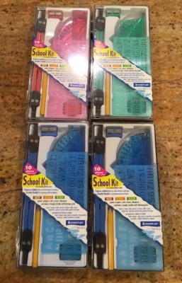 NEW STAEDTLER  SCHOOL KIT 10 PCS COMPASS PROTRACTOR TRIANGLE RULER DIVIDER ERASE