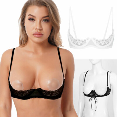 Women Sheer Lace Hollow Out Lingerie Open Cups Bra Push Up Underwire Bra Tops