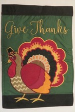 "Give Thanks" Thanksgiving Turkey on Green, Fall, applique Garden Flag 2-sided