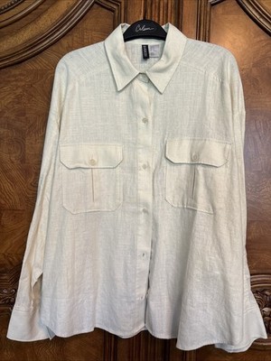 Divided H&M - Linen Blend Women's Button Shirt Jacket Long Sleeve Cream Sz M