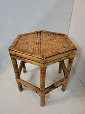 Vintage Tortoise Shell Burnt Bamboo Plant Stand Hexagon Chinoiserie Large