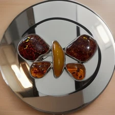 Baltic Amber Arts And Crafts Style Butterfly Brooch Silver 925