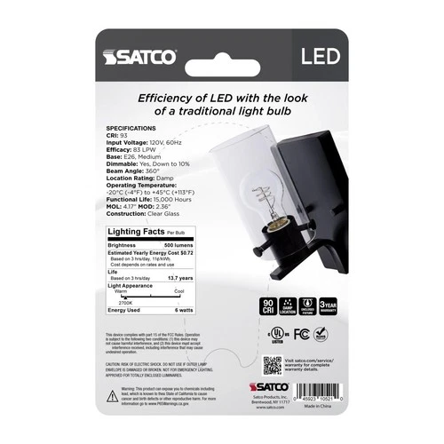Satco S10521 - 6 Watt LED A19 Filament Light Bulbs - 2700K (2, 6 or 12 Pack) - Picture 5 of 9