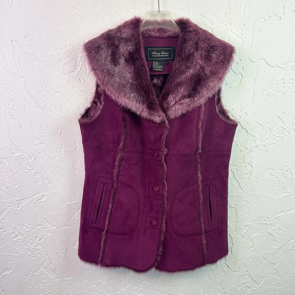 Chaleco Grande Vintage Años 90 Y2K Púrpura Imitación Gamuza Cuello Piel Mohair Forrado con Botones Foto 2 de 4