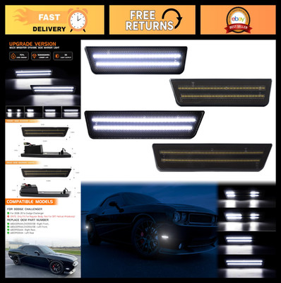 Dynamic White LED Side Marker Lights for Dodge Challenger 2008-2014, Smoked Lens