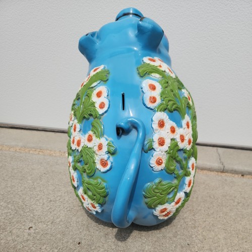 Vintage Giant Piggy Bank Universal Statuary 1976 Blue White Flowers Pig Floral - Picture 5 of 7