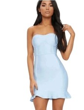 PrettyLittleThing Strapless Mini Dress 8 Dusty Blue Bodycon Frill Hem Bandage Ne