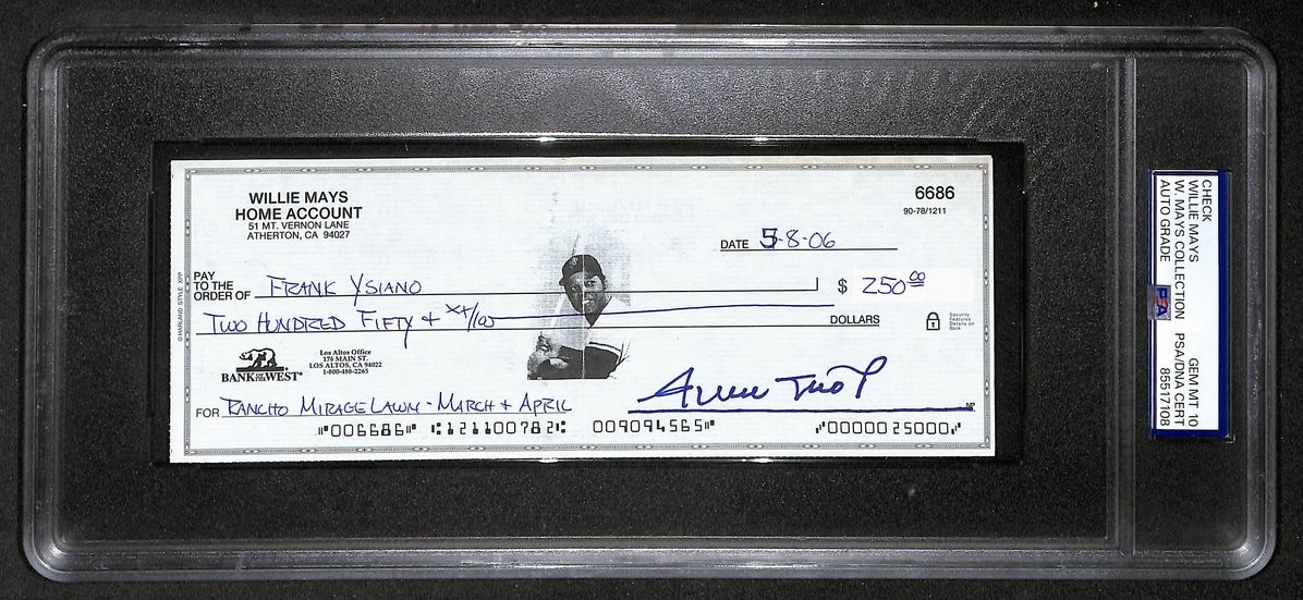 Willie Mays HOF Signed/Auto 2006 Bank Check PSA/DNA GEM MT 10 211201 view 1