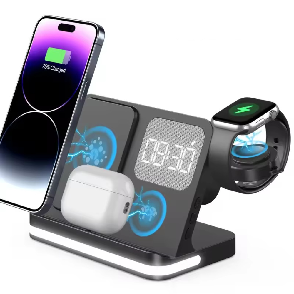 6-in-1 Wireless Charging Station with Alarm Clock & LED Light โ Phone, Watch & E