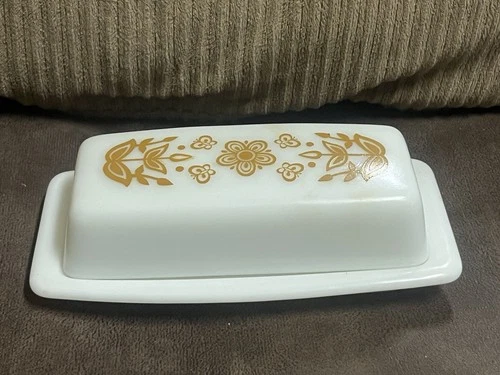 Vtg 1970s Pyrex Butter Dish with Lid Butterfly Gold 72-B - Small Black Mark