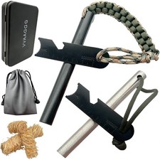Flint and Steel Fire Starter Kit Survivor, 3/8 x 4 inch Ferro Rods and Magnes...