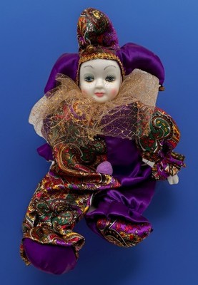 Vintage 80/90s Purple Porcelain Jester Doll Mardi Gras Style Cute Clown Sitter