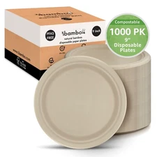 Ibambo Bamboo Disposable Paper Plates - 9 Inch, 1000 Pack, Compostable Plates
