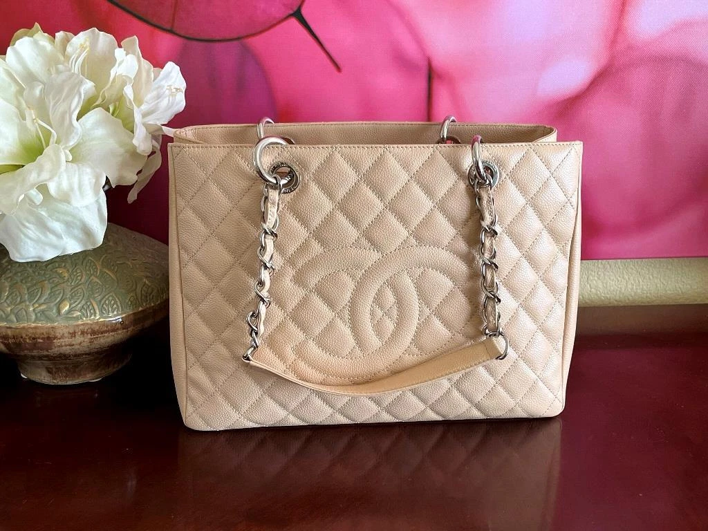 Authentic Chanel Beige Caviar GST Shopping Tote Bag SHW