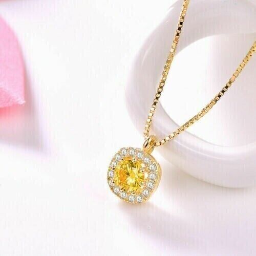 Women's Pendant 14K Yellow Gold Plated 2Ct Round Cut Lab Created Yellow Citrine - Picture 1 of 4