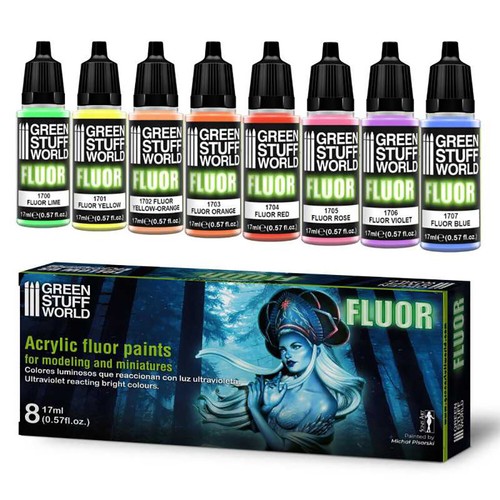 Acrylic Fluorescent Paint Set Green Stuff World Fluor Paints 8x 17ml