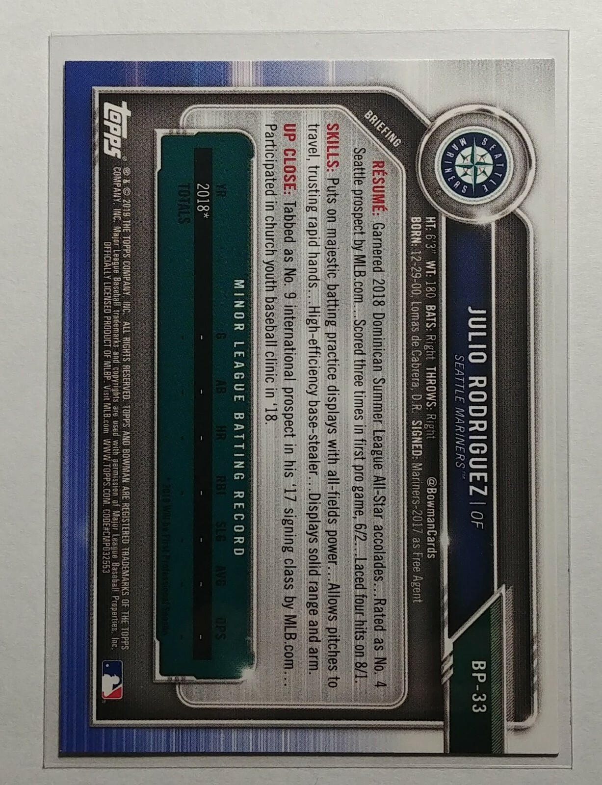 Julio Rodriguez RC 2019 Bowman Rookie, Seattle Mariners, 1st Bowman Card #BP-33 - Picture 2 of 2