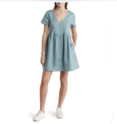 MADEWELL Tranquil Lake Green Button Front V Neck Mini Dress Sz S Linen/coton