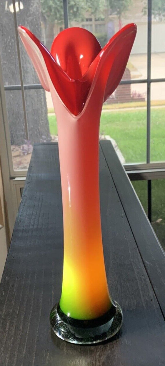 Hand blown cased glass vase 14.5in tall pontil mark calla lily jack in