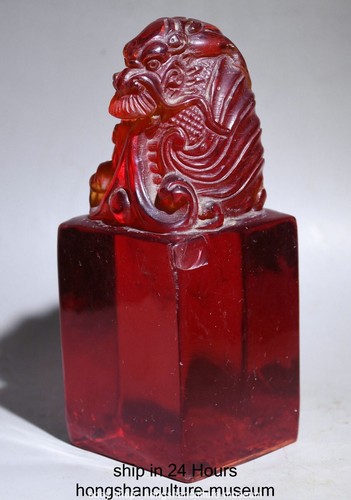 6" Old Chinese Red Amber Carving Dragon Loong Beast Seal Signet Stamp - Picture 6 of 12