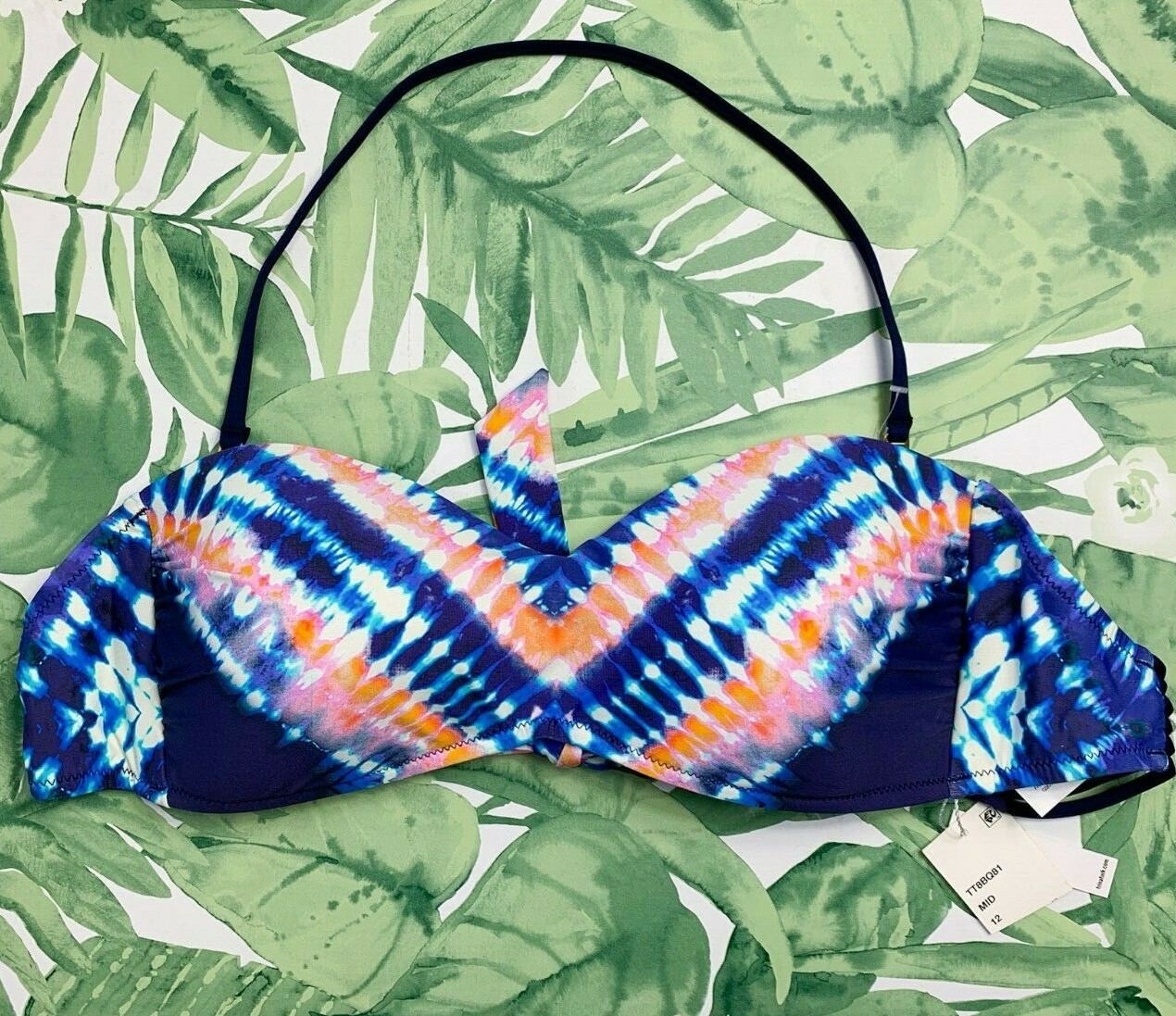 Trina Turk Swim Suit Bikini Top Bandeau Halter Neck Tie Dye Pink Blue New sz 14