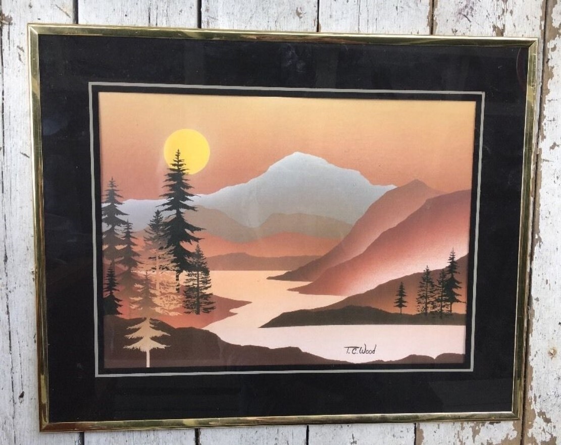 TC WOOD landscape print modernist framed under glass mountain