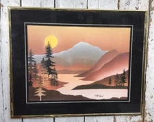 TC WOOD landscape print modernist framed under glass mountain trees moon
