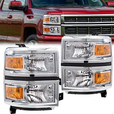 For 2014-2015 Chevy Silverado 1500 Chrome Amber Headlights Headlamps L+R Pairs