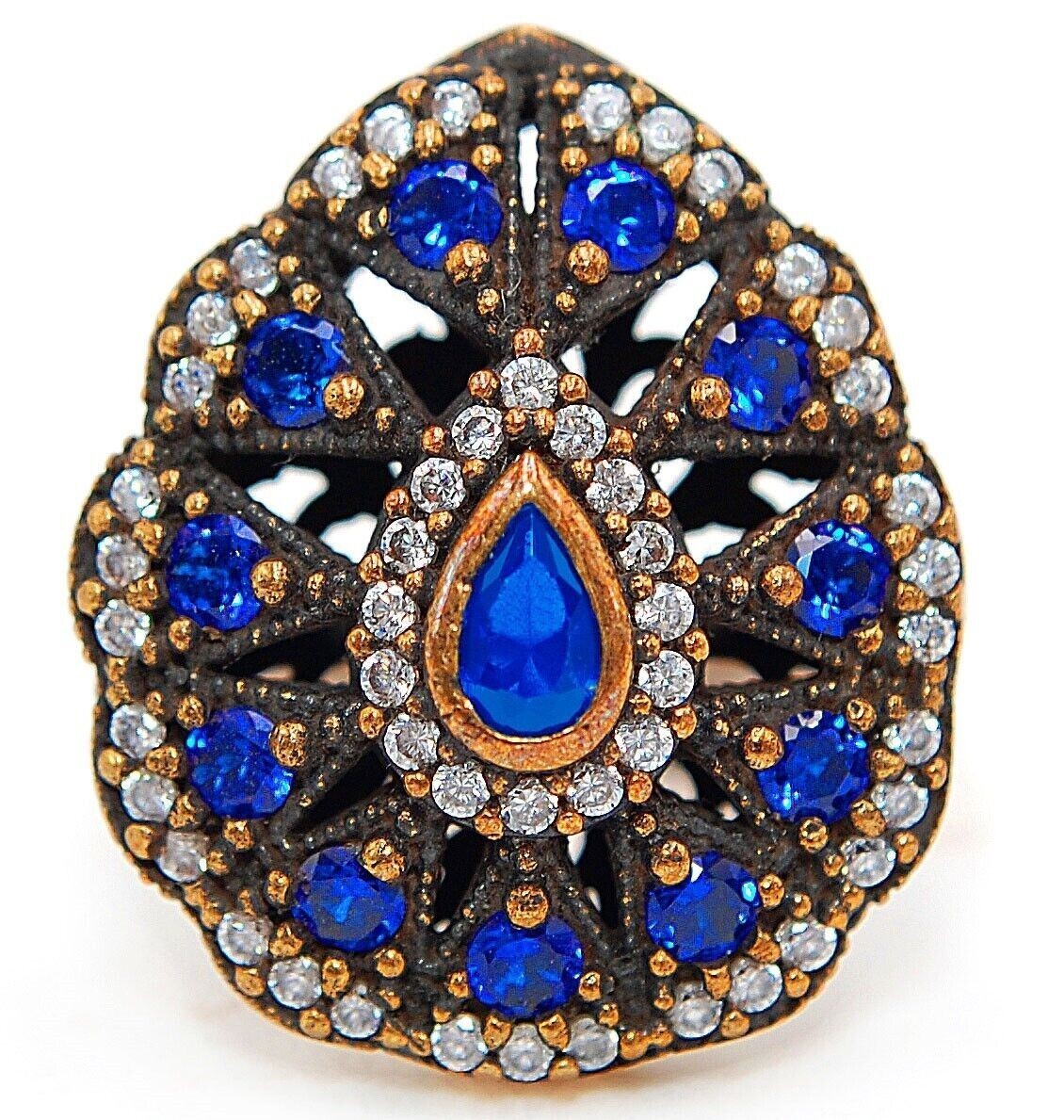 3CT Treated Sapphire Ottoman Empire Style Sterling Silver Ring Size 8