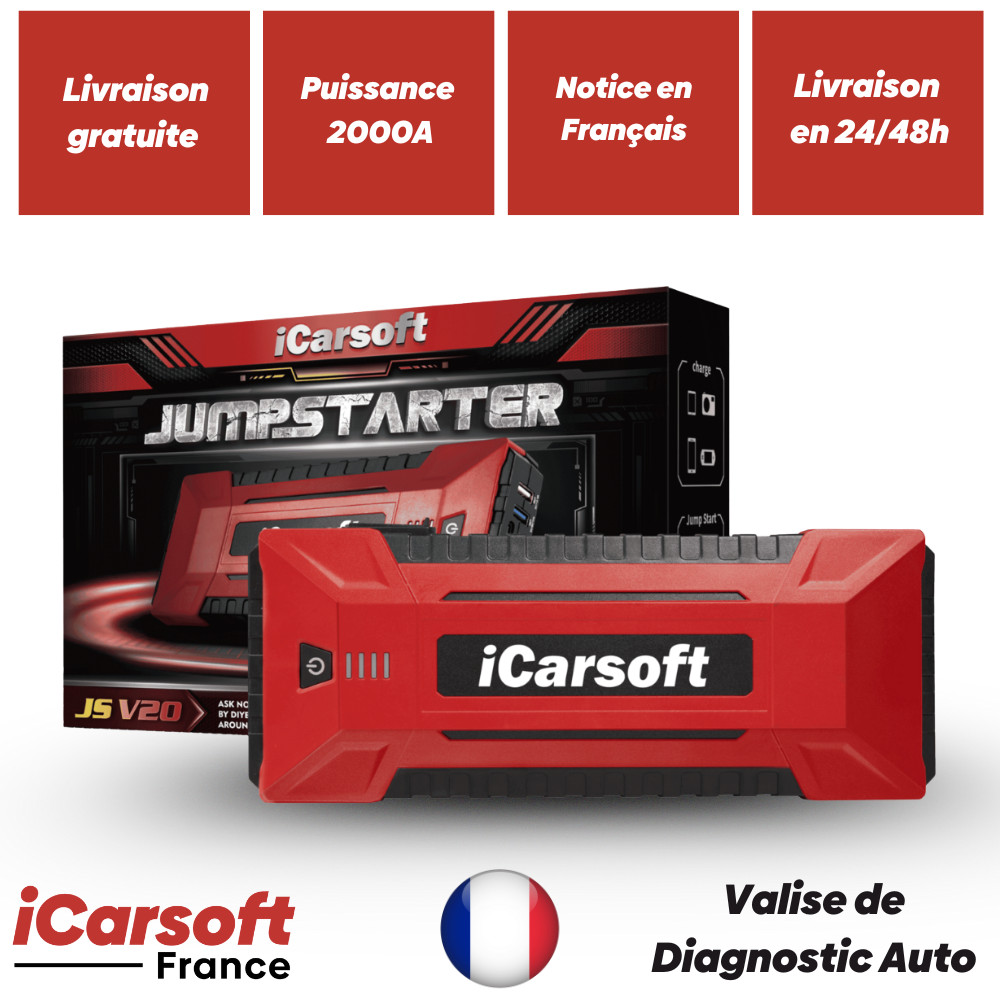 Booster Batterie JS V20 iCarsoft robuste avec pinces intelligentes et port USB