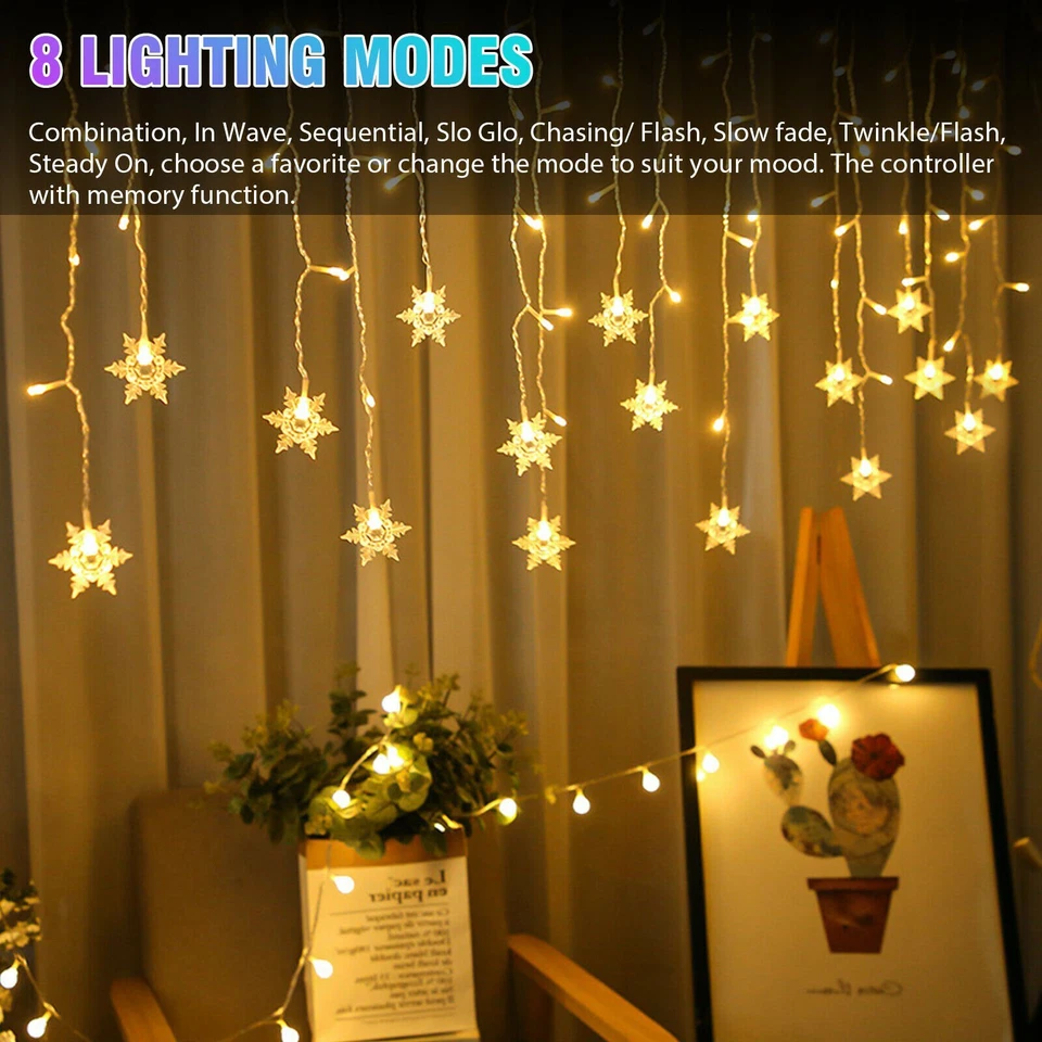 Christmas 96 LED Curtain Window Snowflake String Fairy Lights Waterproof Decor - Image 4 of 4