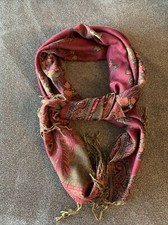 Pashmina Scarf Shawl Fringed Edges 28  x 70  Gold Burgundy Floral/peacock Print