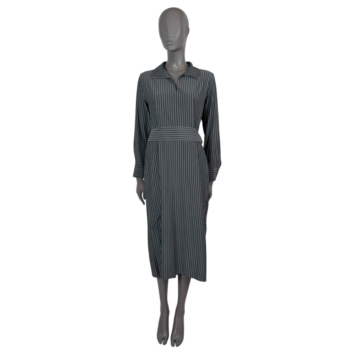 akris shirt dress 70281 auth AKRIS dark grey silk 2024 STRIPED CREPE SHIRT Dress 34 XS