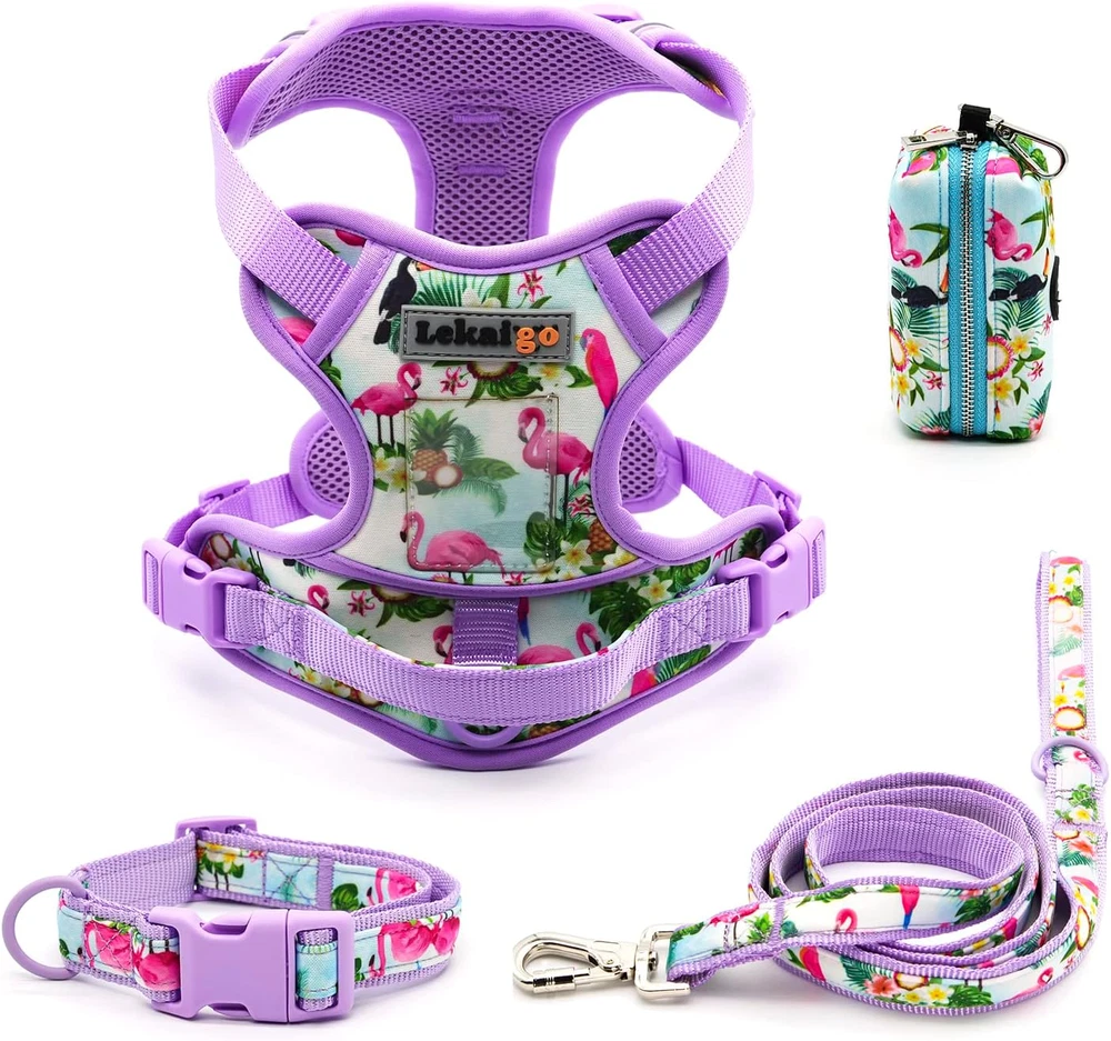 Dog Harness Collar 5Ft Leash Poop Bag Holder Set, Reflective Adjustable No-Pull