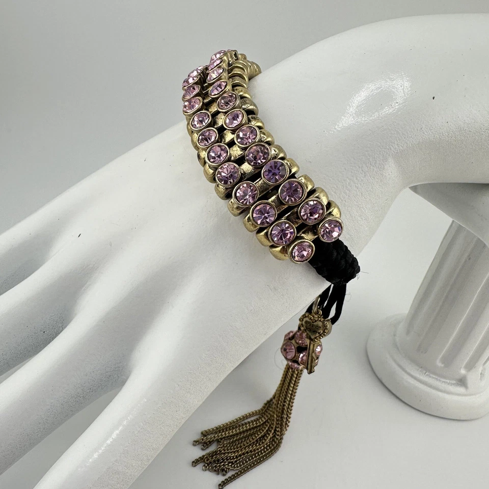 Pulsera Betsey Johnson Cordón Negro Bolo Cordón Tono Dorado Cristal Rosa Cuentas Foto 2 de 4