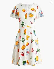 New J Crew Mini Dress White Fruit Print Linen Blend Sz 4 6 V-Neck Short Sleeve