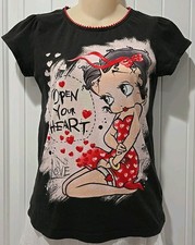 Vtg. Betty Boop T-Shirt "Open Your Heart" Black Short Sleeve Rhinestone Bow- M