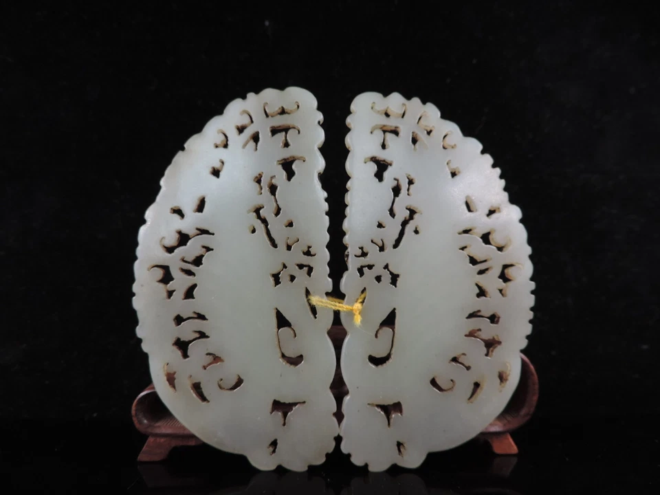 Par de colgantes antiguos chinos de jade hetiano escultura hueca patrón de fénix Foto 3 de 4