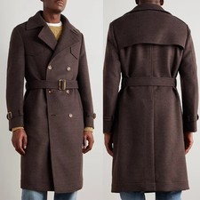 Brown Wool Men Overcoat with Belt Double Breasted Outdoor Winter Warm Long Coat