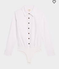 L'Agence Blake Long-Sleeve Collared Bodysuit in White with Gold Buttons S Chic