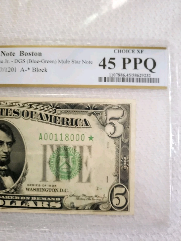  1934 $5 Federal Reserve BostonSTAR $5 Low# *A00118000 *choice PPQ45 PCGS  - Image 3 of 4