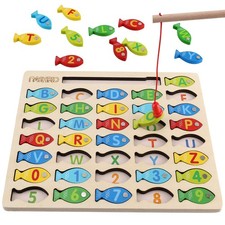NASHRIO Magnetic Wooden Alphabet Fish Fishing Game Educational Toy for 3-5 Years