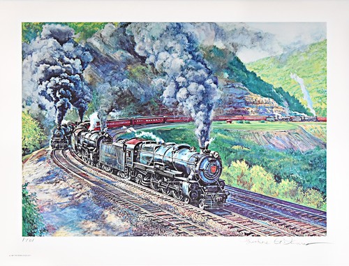 1981 Double Heading Up Horseshoe Curve – Locomotive Railroad Print Signed, Dated
