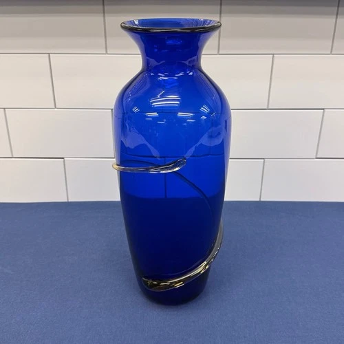 Blenko Cobalt Blue Vase Applied Swirl Handblown Glass Signed 2005 USA