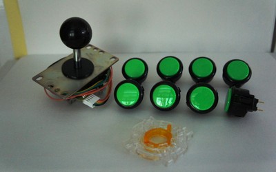 Set of 8 - Arcade Parts Sanwa Mix Black Green Buttons & Black Joystick GT-Y Wire