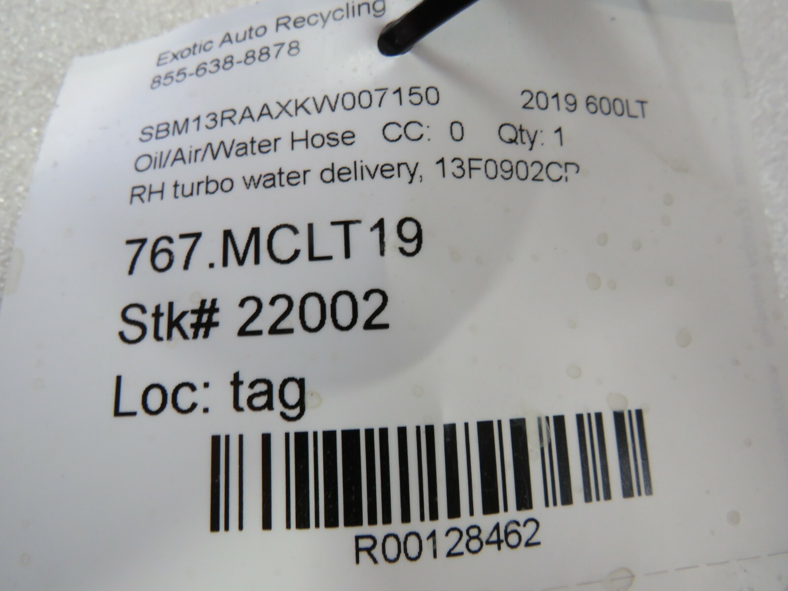 McLaren 600LT, RH, Right, Turbo Water Line, Used, P/N 13F0902CP